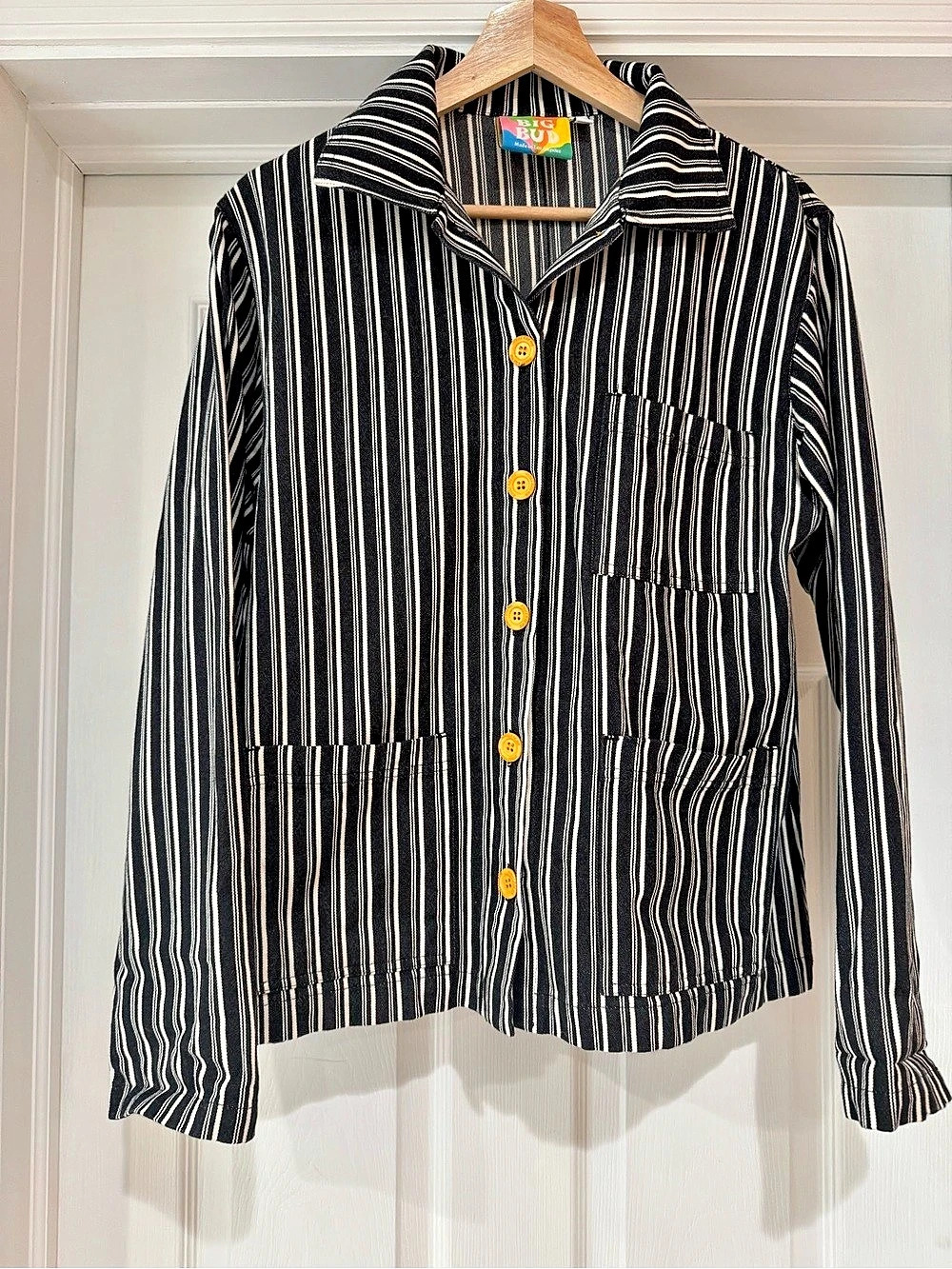 Big Bud Press Chore Jacket in Black and White Railroad Stripe - Yellow Buttons!